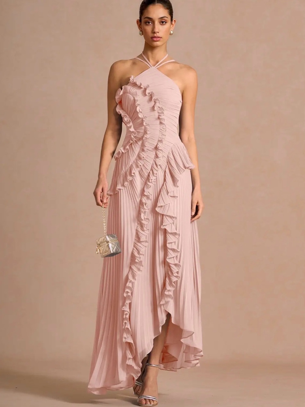 Azazie Blush Pink Ruffled Halter Maxi Dress